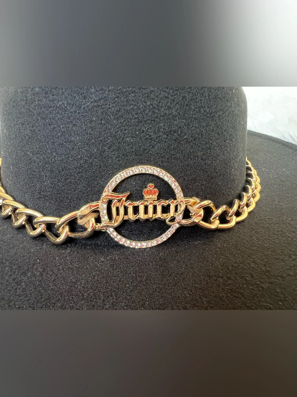Juicy Couture Black Felt Fedora with Gold Chain Accent
